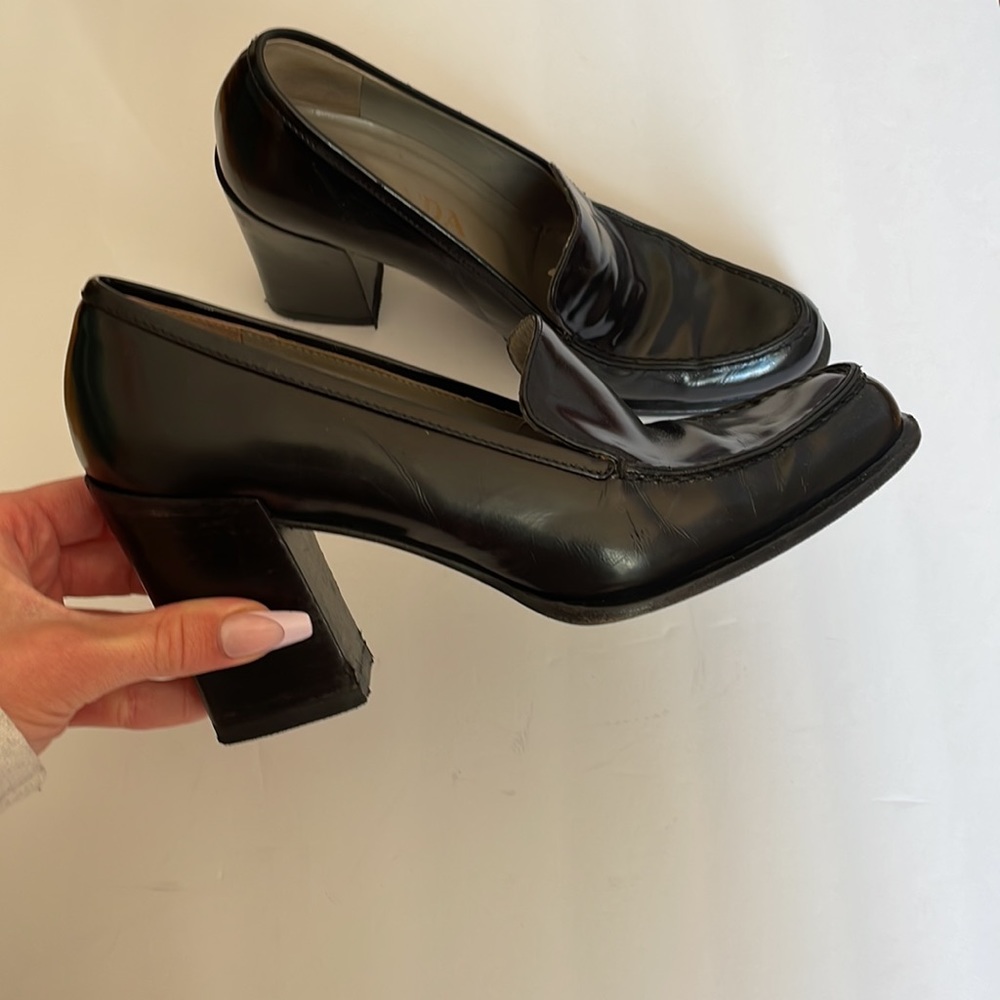 Prada Heels Chunky Block Heel Black Leather Size 37.5